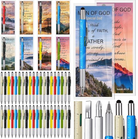 Tenceur 48 Set Father's Day Bulk Gifts for Church 6 in 1 Multi Tool Pen with Religious Bible Verse Bookmark Man of God Christian Gift for Men Church Prizes Husband Bible Study Supplies (Man of God) in Kuwait