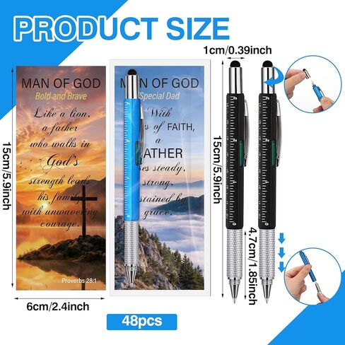 Tenceur 48 Set Father's Day Bulk Gifts for Church 6 in 1 Multi Tool Pen with Religious Bible Verse Bookmark Man of God Christian Gift for Men Church Prizes Husband Bible Study Supplies (Man of God) in Kuwait
