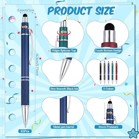 10 Pcs Fidget Pens, Colorful Stress Relief Pens 2-in-1 Metal Stylus Retractable Ballpoint Pen with Stylus Tip 1.0 mm Black Ink Anxiety Relief Pen for Adults Office Coworker Gifts in Kuwait