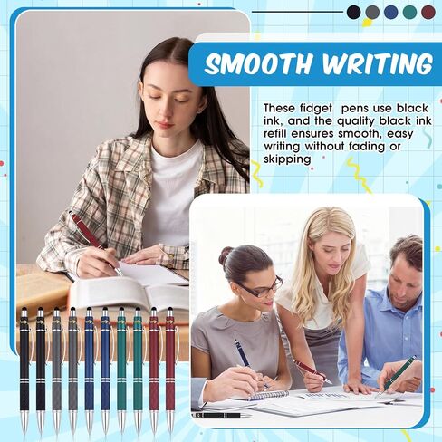 10 Pcs Fidget Pens, Colorful Stress Relief Pens 2-in-1 Metal Stylus Retractable Ballpoint Pen with Stylus Tip 1.0 mm Black Ink Anxiety Relief Pen for Adults Office Coworker Gifts in Kuwait