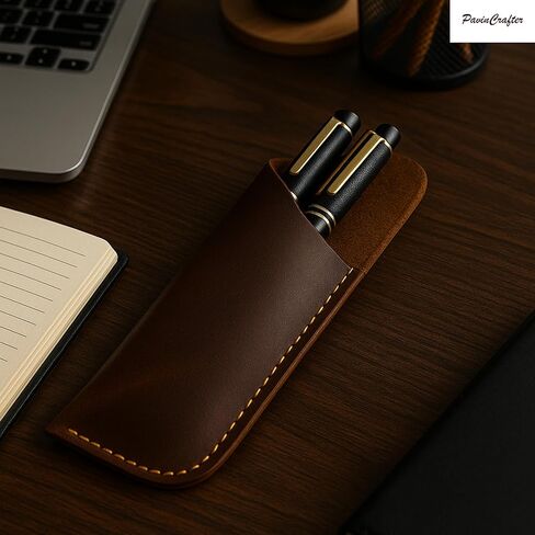 Genuine Leather Pen Case Holder – Handmade Double Pen Sleeve for Fountain Pens, Pencils & Ballpoints – Full Grain Genuine Leather Pouch Cover – Dark Brown in Saudi Arabia