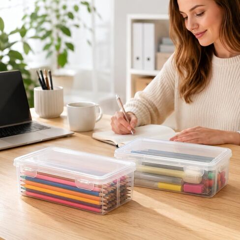 2 Pack Clear Pencil Storage Case with Lid, Plastic Art Supply Organizer Box for Colored Pencils Markers Brushes and Stationery, Stackable Desktop Storage Container in Kuwait