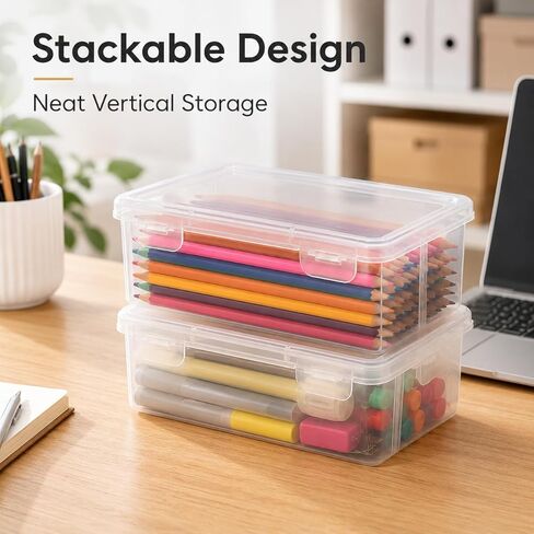 2 Pack Clear Pencil Storage Case with Lid, Plastic Art Supply Organizer Box for Colored Pencils Markers Brushes and Stationery, Stackable Desktop Storage Container in Kuwait