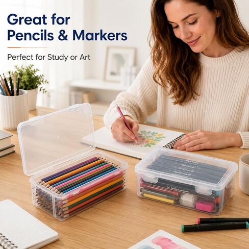 2 Pack Clear Pencil Storage Case with Lid, Plastic Art Supply Organizer Box for Colored Pencils Markers Brushes and Stationery, Stackable Desktop Storage Container in Kuwait