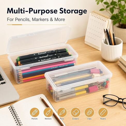 2 Pack Clear Pencil Storage Case with Lid, Plastic Art Supply Organizer Box for Colored Pencils Markers Brushes and Stationery, Stackable Desktop Storage Container in Kuwait