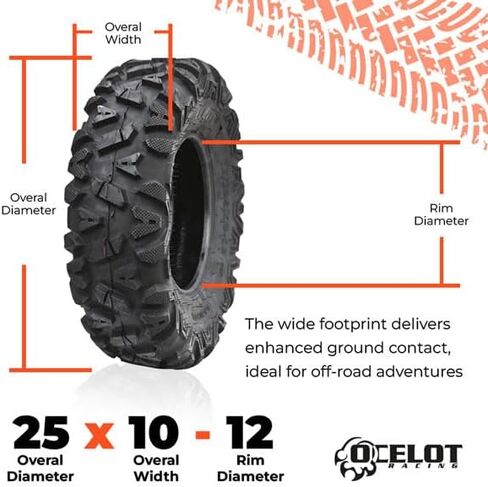 إطارات Ocelot Lancer ATV/UTV للراكبين والمتسابقين الترفيهيين، إطارات ATV خفيفة الوزن ومتينة مكونة من 6 طبقات، إطار عريض ذو 4 عجلات مع عروات كتف كبيرة، إطار ATV مقاس 25 × 10-12 in Kuwait