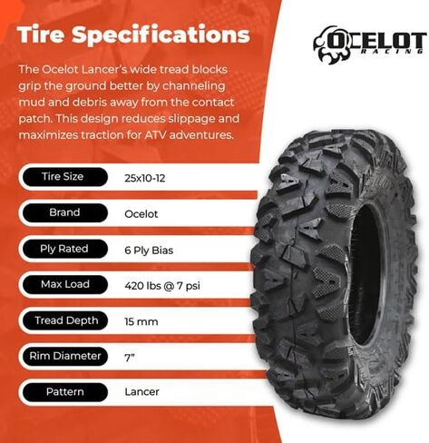 إطارات Ocelot Lancer ATV/UTV للراكبين والمتسابقين الترفيهيين، إطارات ATV خفيفة الوزن ومتينة مكونة من 6 طبقات، إطار عريض ذو 4 عجلات مع عروات كتف كبيرة، إطار ATV مقاس 25 × 10-12 in Kuwait