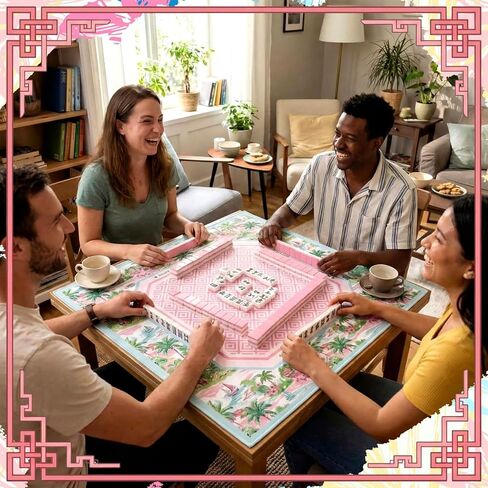 Pink American Mahjong Mat with Rules Anti-Slip Noise Reduction 31.5 x 31.5 Inch Tropical Beach Rubber Mat with Carrying Bag Gaming Mats for Mahjong Poker Card Board Games Dominoes in Saudi Arabia