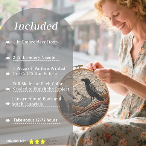 FONNUY Embroidery Kit, Featuring Crow and Landscape Patterns, Cross Stitch Kits for Both Adults and Beginners, Handmade Crafts Printed Pattern Set, Color Thread Needlework, 8'' Hoop (Fearless Bird) in Saudi Arabia