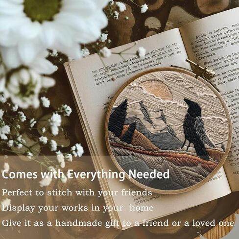 FONNUY Embroidery Kit, Featuring Crow and Landscape Patterns, Cross Stitch Kits for Both Adults and Beginners, Handmade Crafts Printed Pattern Set, Color Thread Needlework, 8'' Hoop (Fearless Bird) in Saudi Arabia