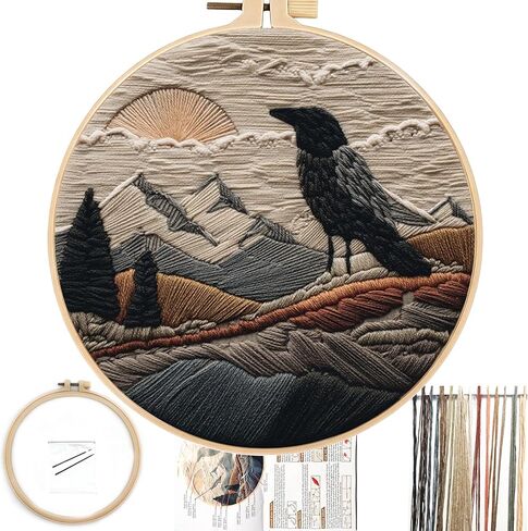 FONNUY Embroidery Kit, Featuring Crow and Landscape Patterns, Cross Stitch Kits for Both Adults and Beginners, Handmade Crafts Printed Pattern Set, Color Thread Needlework, 8'' Hoop (Fearless Bird) in Saudi Arabia