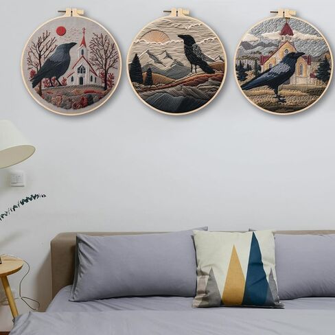 FONNUY Embroidery Kit, Featuring Crow and Landscape Patterns, Cross Stitch Kits for Both Adults and Beginners, Handmade Crafts Printed Pattern Set, Color Thread Needlework, 8'' Hoop (Fearless Bird) in Saudi Arabia
