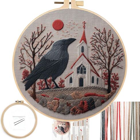 FONNUY Embroidery Kit, Featuring Crow and Landscape Patterns, Cross Stitch Kits for Both Adults and Beginners, Handmade Crafts Printed Pattern Set, Color Thread Needlework, 8'' Hoop (Fearless Bird) in Saudi Arabia