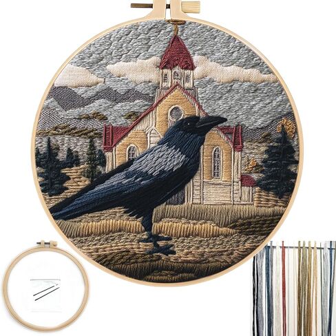 FONNUY Embroidery Kit, Featuring Crow and Landscape Patterns, Cross Stitch Kits for Both Adults and Beginners, Handmade Crafts Printed Pattern Set, Color Thread Needlework, 8'' Hoop (Fearless Bird) in Saudi Arabia