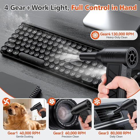 Compressed Air Duster, 130000 RPM High-Speed Electric Air Duster with Brushless Motor, 3 Magnetic Nozzles, 4 Speeds, LED Light & 5000mAh Rechargeable Battery for PC Keyboard Car Cleaning in Saudi Arabia