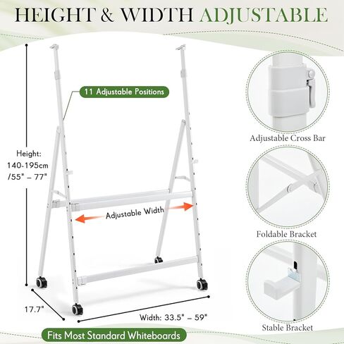 Cinnvoice A-Frame Foldable Whiteboard Stand Only, Adjustable Mobile Rolling Whiteboard Easel Stand with Wheels for Dry Erase White Board for Home, Office, Classroom School, Height and Width Adjustable in Kuwait