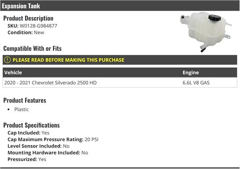 Expansion Reservoir Tank - with Cap - without Level Sensor - Compatible with 2020-2021 Chevy Silverado 2500 HD 6.6L V8 Gas in Kuwait