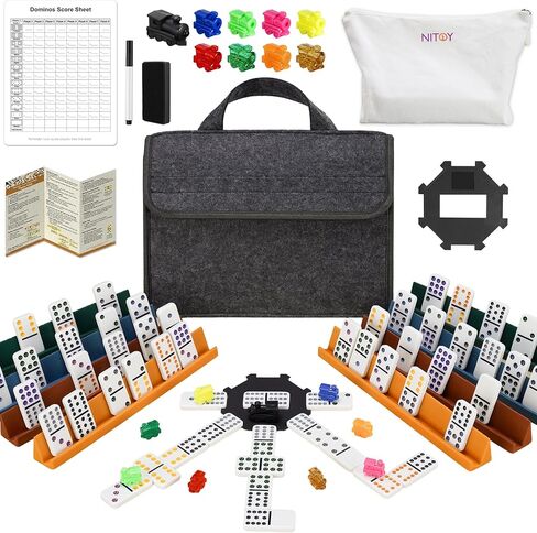 Mexican Train Dominoes Set for Adults, Double 12 Dominoes with 8 Silicone Racks, 91 Color-Coded Tiles, Hub, 9 Train Markers, Scoreboard & Carry Bags - Classic Family Board Game in Saudi Arabia