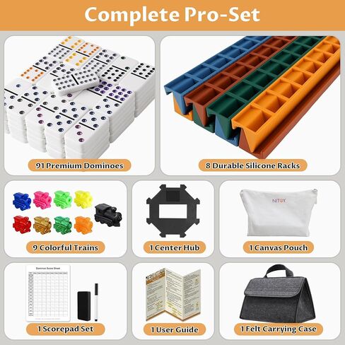 Mexican Train Dominoes Set for Adults, Double 12 Dominoes with 8 Silicone Racks, 91 Color-Coded Tiles, Hub, 9 Train Markers, Scoreboard & Carry Bags - Classic Family Board Game in Saudi Arabia