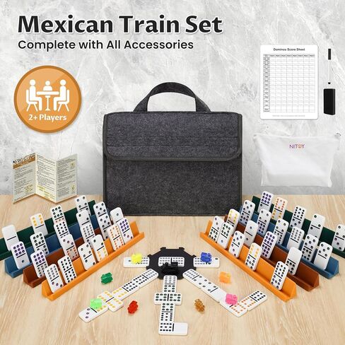 Mexican Train Dominoes Set for Adults, Double 12 Dominoes with 8 Silicone Racks, 91 Color-Coded Tiles, Hub, 9 Train Markers, Scoreboard & Carry Bags - Classic Family Board Game in Saudi Arabia