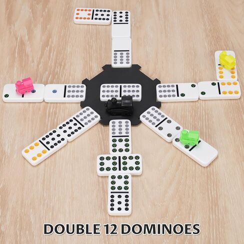 Mexican Train Dominoes Set for Adults, Double 12 Dominoes with 8 Silicone Racks, 91 Color-Coded Tiles, Hub, 9 Train Markers, Scoreboard & Carry Bags - Classic Family Board Game in Saudi Arabia