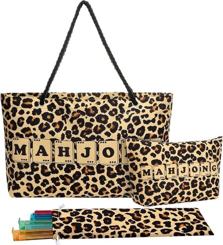 Gilprop 3 Pcs Leopard Print Empty Mahjong Bag Set 24 x 13 x 4.7 Inch Cheetah Print Mahjong Carrying Bags with Handle Tiles Bag and Racks Card Pusher Drawstring Bags for Travel Party Game Accessories in Saudi Arabia