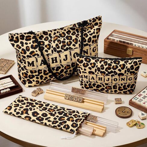 Gilprop 3 Pcs Leopard Print Empty Mahjong Bag Set 24 x 13 x 4.7 Inch Cheetah Print Mahjong Carrying Bags with Handle Tiles Bag and Racks Card Pusher Drawstring Bags for Travel Party Game Accessories in Saudi Arabia