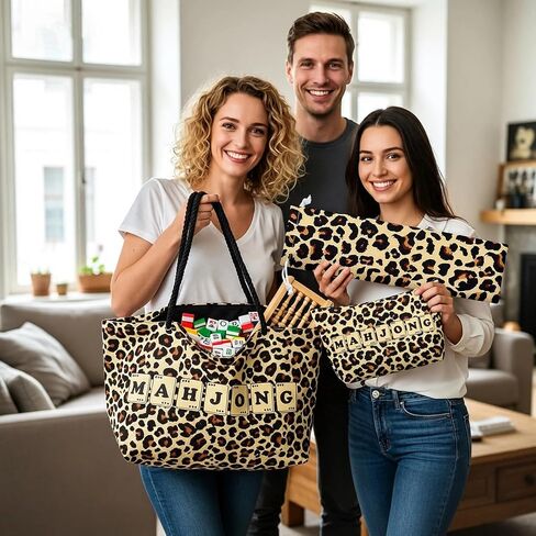 Gilprop 3 Pcs Leopard Print Empty Mahjong Bag Set 24 x 13 x 4.7 Inch Cheetah Print Mahjong Carrying Bags with Handle Tiles Bag and Racks Card Pusher Drawstring Bags for Travel Party Game Accessories in Saudi Arabia