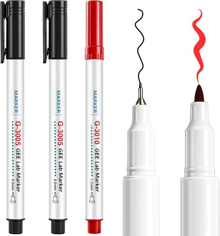 3 Pack Alcohol Resistant Laboratory Markers Permanent Freezer Pens with Black 0.5mm Fine Point and Red 1.0mm Makers Tip, Designed for Lab, Professional Labeling on Glass Plastic Wet Surfaces in Kuwait