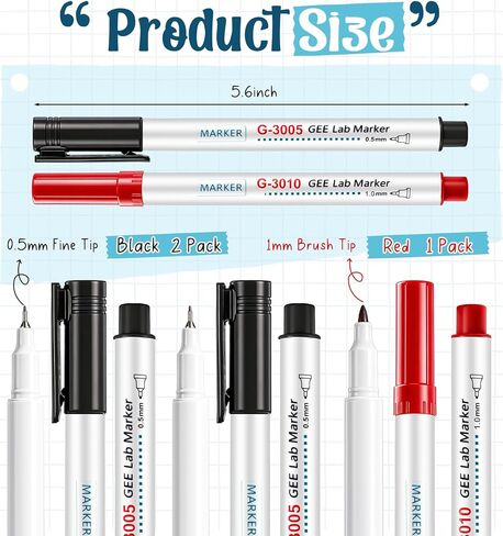 3 Pack Alcohol Resistant Laboratory Markers Permanent Freezer Pens with Black 0.5mm Fine Point and Red 1.0mm Makers Tip, Designed for Lab, Professional Labeling on Glass Plastic Wet Surfaces in Kuwait