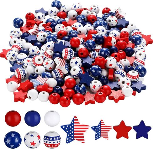 Bencailor 248 Pcs 4th of July Wood Beads Patriotic Wooden Bead for Craft Red White Blue America Flag Stars Charm for 250th Anniversary Memorial Independence Day Decor DIY Garland Bracelet Necklaces in Kuwait