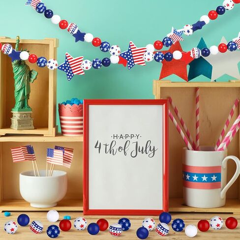 Bencailor 248 Pcs 4th of July Wood Beads Patriotic Wooden Bead for Craft Red White Blue America Flag Stars Charm for 250th Anniversary Memorial Independence Day Decor DIY Garland Bracelet Necklaces in Kuwait