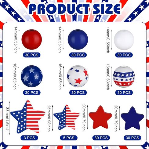 Bencailor 248 Pcs 4th of July Wood Beads Patriotic Wooden Bead for Craft Red White Blue America Flag Stars Charm for 250th Anniversary Memorial Independence Day Decor DIY Garland Bracelet Necklaces in Kuwait