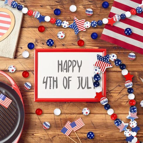 Bencailor 248 Pcs 4th of July Wood Beads Patriotic Wooden Bead for Craft Red White Blue America Flag Stars Charm for 250th Anniversary Memorial Independence Day Decor DIY Garland Bracelet Necklaces in Kuwait