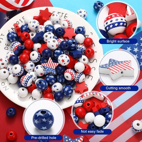Bencailor 248 Pcs 4th of July Wood Beads Patriotic Wooden Bead for Craft Red White Blue America Flag Stars Charm for 250th Anniversary Memorial Independence Day Decor DIY Garland Bracelet Necklaces in Kuwait