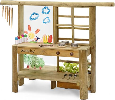 Plum® Discovery Mud Pie Kitchen for Kids Outdoor Toys - Play Toy Kitchen with Accessories, Wooden Kids Playset, with Built-in Gardening Planter and Painting Easel for Kid Age 3+ in Kuwait