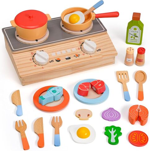 Wooden Play Kitchen Accessories, 23Pcs Kids Cooking Sets Real with Storage Stove, Pots & Pans, Cutting Play Food, Montessori Gifts Toy Kitchen Sets for Toddlers 3-5 Girls Boys in Saudi Arabia