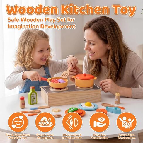 Wooden Play Kitchen Accessories, 23Pcs Kids Cooking Sets Real with Storage Stove, Pots & Pans, Cutting Play Food, Montessori Gifts Toy Kitchen Sets for Toddlers 3-5 Girls Boys in Saudi Arabia