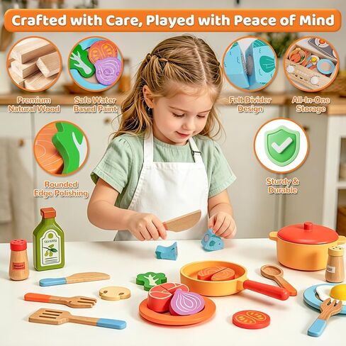 Wooden Play Kitchen Accessories, 23Pcs Kids Cooking Sets Real with Storage Stove, Pots & Pans, Cutting Play Food, Montessori Gifts Toy Kitchen Sets for Toddlers 3-5 Girls Boys in Saudi Arabia