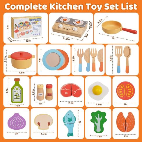 Wooden Play Kitchen Accessories, 23Pcs Kids Cooking Sets Real with Storage Stove, Pots & Pans, Cutting Play Food, Montessori Gifts Toy Kitchen Sets for Toddlers 3-5 Girls Boys in Saudi Arabia