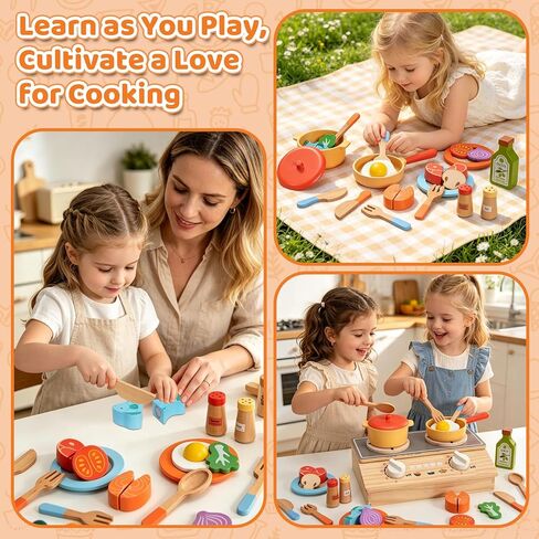 Wooden Play Kitchen Accessories, 23Pcs Kids Cooking Sets Real with Storage Stove, Pots & Pans, Cutting Play Food, Montessori Gifts Toy Kitchen Sets for Toddlers 3-5 Girls Boys in Saudi Arabia