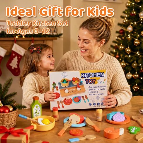 Wooden Play Kitchen Accessories, 23Pcs Kids Cooking Sets Real with Storage Stove, Pots & Pans, Cutting Play Food, Montessori Gifts Toy Kitchen Sets for Toddlers 3-5 Girls Boys in Saudi Arabia