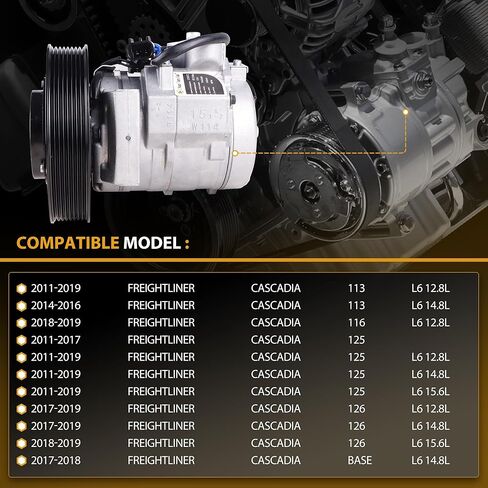 A/C Compressor with Clutch Compatible with 2011-2017 Freightliner Cascadia 12.8L, 14.8L, 15.6L (with DD13 DD15 Engine), Ref.2265771000, 22-65771-000 in Kuwait