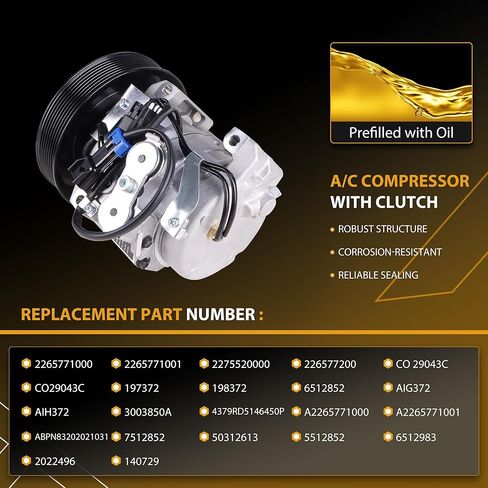 A/C Compressor with Clutch Compatible with 2011-2017 Freightliner Cascadia 12.8L, 14.8L, 15.6L (with DD13 DD15 Engine), Ref.2265771000, 22-65771-000 in Kuwait