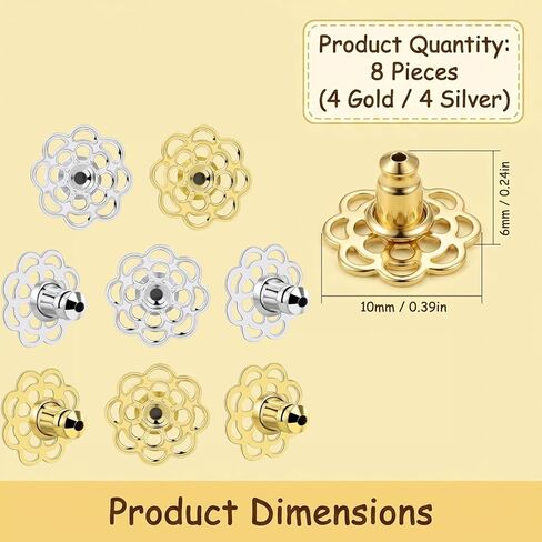 8 PCS Earring Backs for Droopy Ears, Earring Lifters for Droopy Ears, Flower Shape Earring Support Backs for Heavy Earrings, Secure Locking Design for Stud Earrings, 8-Piece Set in Gold and Silver in Saudi Arabia