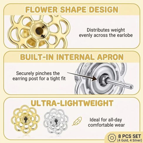 8 PCS Earring Backs for Droopy Ears, Earring Lifters for Droopy Ears, Flower Shape Earring Support Backs for Heavy Earrings, Secure Locking Design for Stud Earrings, 8-Piece Set in Gold and Silver in Saudi Arabia