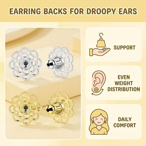 8 PCS Earring Backs for Droopy Ears, Earring Lifters for Droopy Ears, Flower Shape Earring Support Backs for Heavy Earrings, Secure Locking Design for Stud Earrings, 8-Piece Set in Gold and Silver in Saudi Arabia