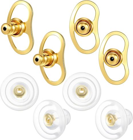 8 Pcs Earring Lifters for Droopy Ears, Silicone & Metal Earring Backs Lifters Support for Heavy Earrings, Ear Lobe Back Supports Locking Design (Gold 4 Pair) in Kuwait
