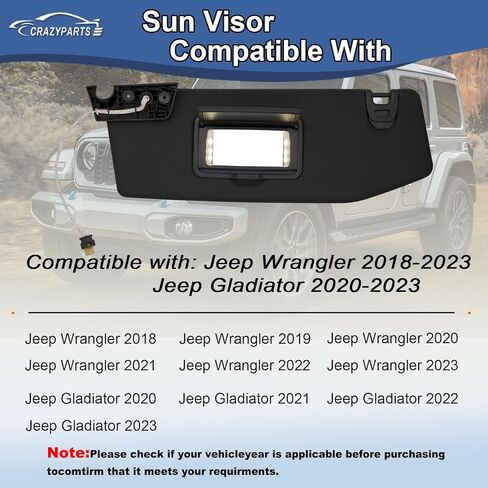 واقي الشمس الجانبي للسائق من CRAZYPARTS متوافق مع 2018-2023 Jeep Wrangler 2020-2023 Jeep Gladiator مع استبدال الضوء # 6BR80TX7AQ in Kuwait