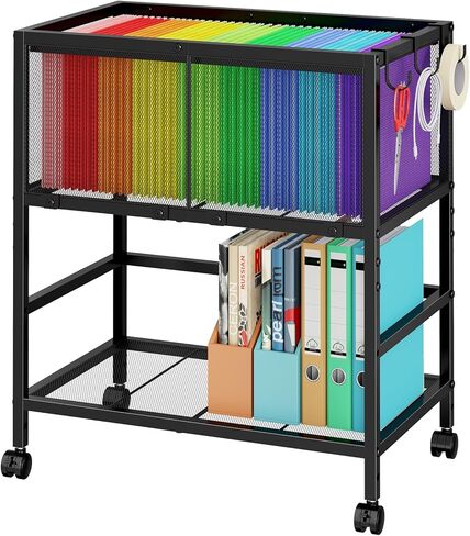 Rolling File Cart for Letter Size, Metal Hanging File Organizer with Storage Shelf, 2-Tier Mobile File Cabinet with 360° Wheels & Hooks, Under Desk Filing Cabinets for Home Office, Black in Kuwait